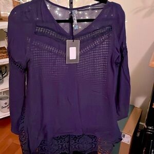 NWT ANDREE 100% Rayon Navy Blue Large Flowy w/lace and crochet details. Pretty!!